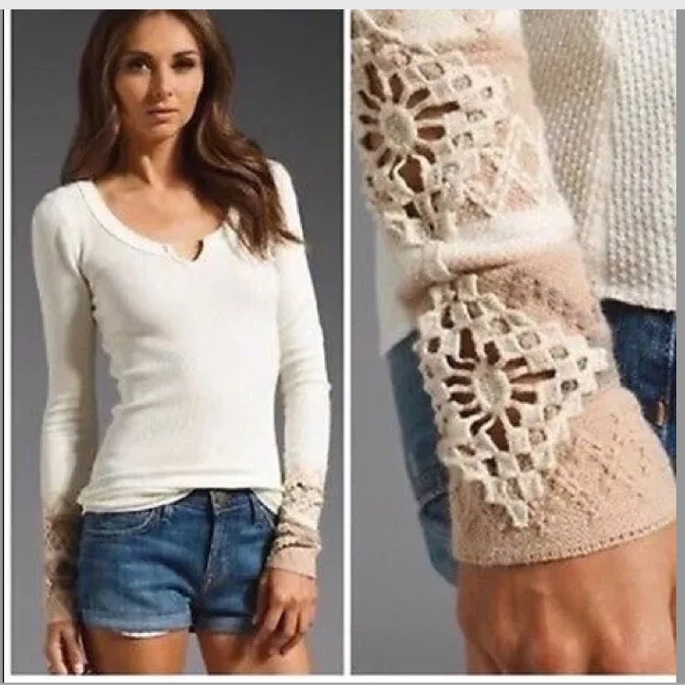 Free People Ivory Thermal Top Kombucha Crochet Detailed Cuffs